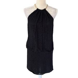 Laundry by Shelli Segal Halter Dress Black Lace Gold 8 Lined Stretch